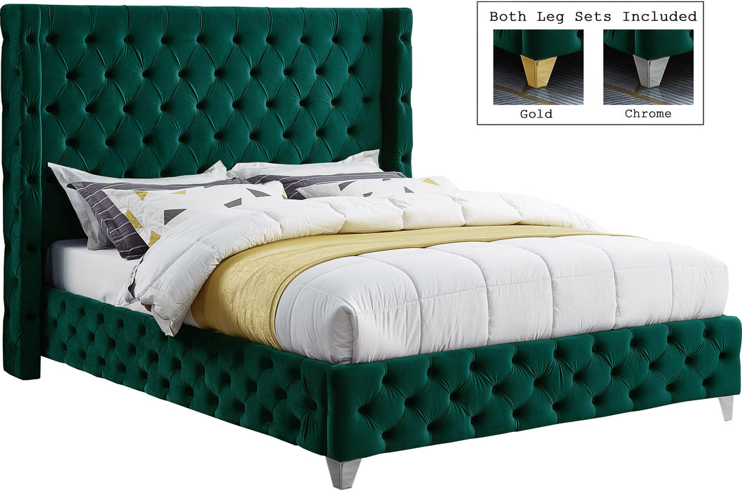 Savan Green Velvet Queen Bed - Bargain Furniture (Detroit, MI)