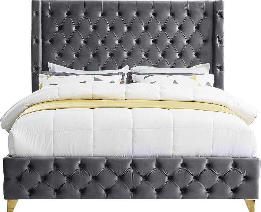 Savan Grey Velvet King Bed - Bargain Furniture (Detroit, MI)