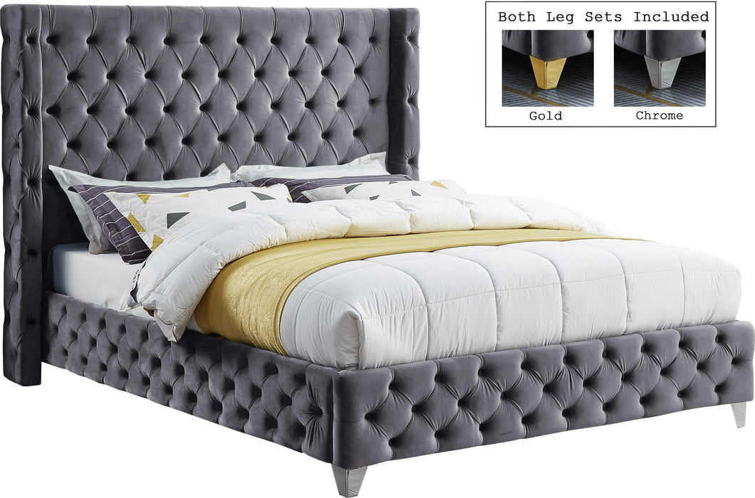 Savan Grey Velvet King Bed - Bargain Furniture (Detroit, MI)