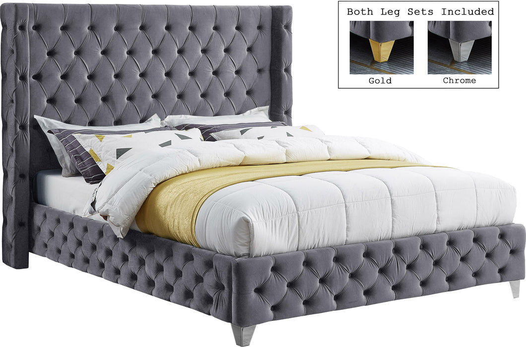 Savan Grey Velvet Queen Bed