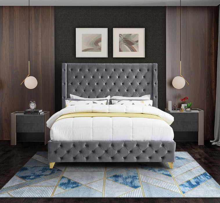 Savan Grey Velvet Queen Bed - Bargain Furniture (Detroit, MI)