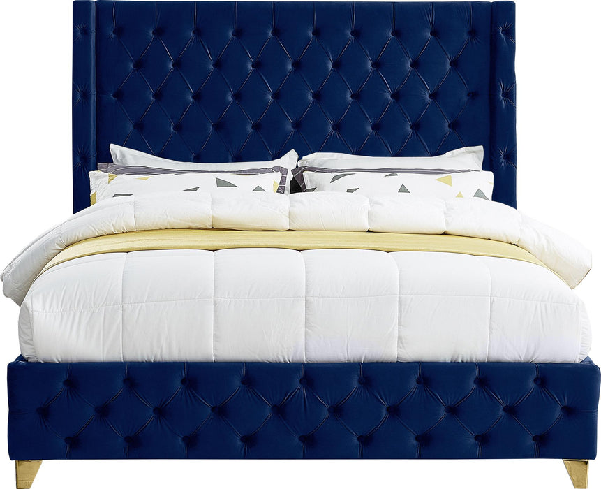 Savan Navy Velvet Queen Bed - Bargain Furniture (Detroit, MI)