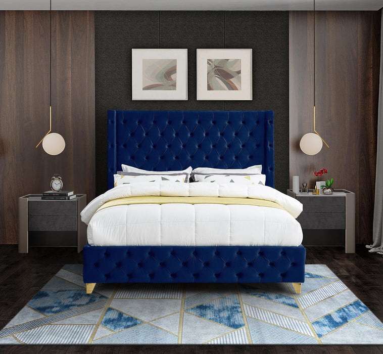 Savan Navy Velvet Queen Bed - Bargain Furniture (Detroit, MI)