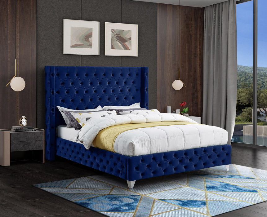 Savan Navy Velvet King Bed - Bargain Furniture (Detroit, MI)