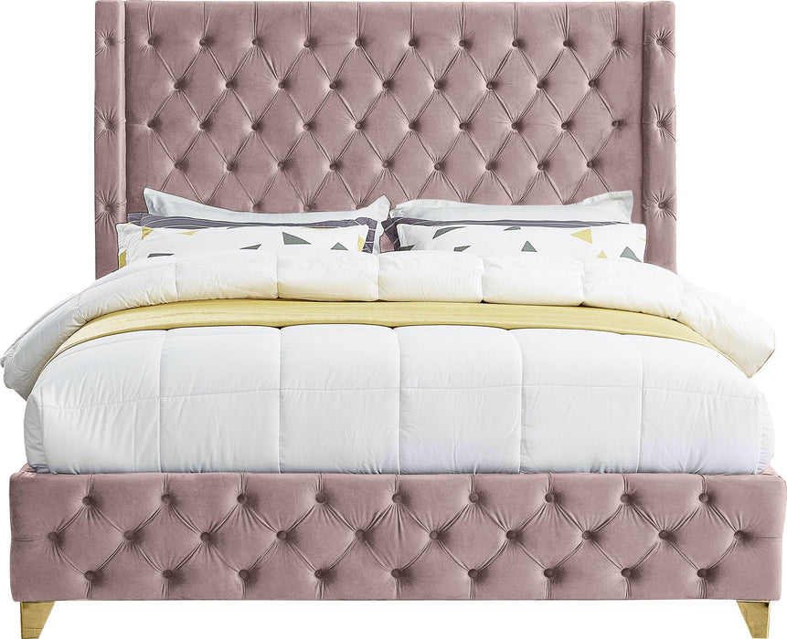 Savan Pink Velvet Queen Bed - Bargain Furniture (Detroit, MI)