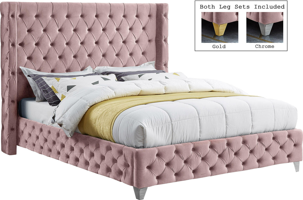 Savan Pink Velvet King Bed - Bargain Furniture (Detroit, MI)