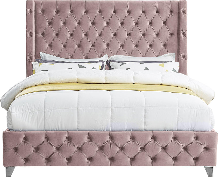 Savan Pink Velvet Queen Bed - Bargain Furniture (Detroit, MI)