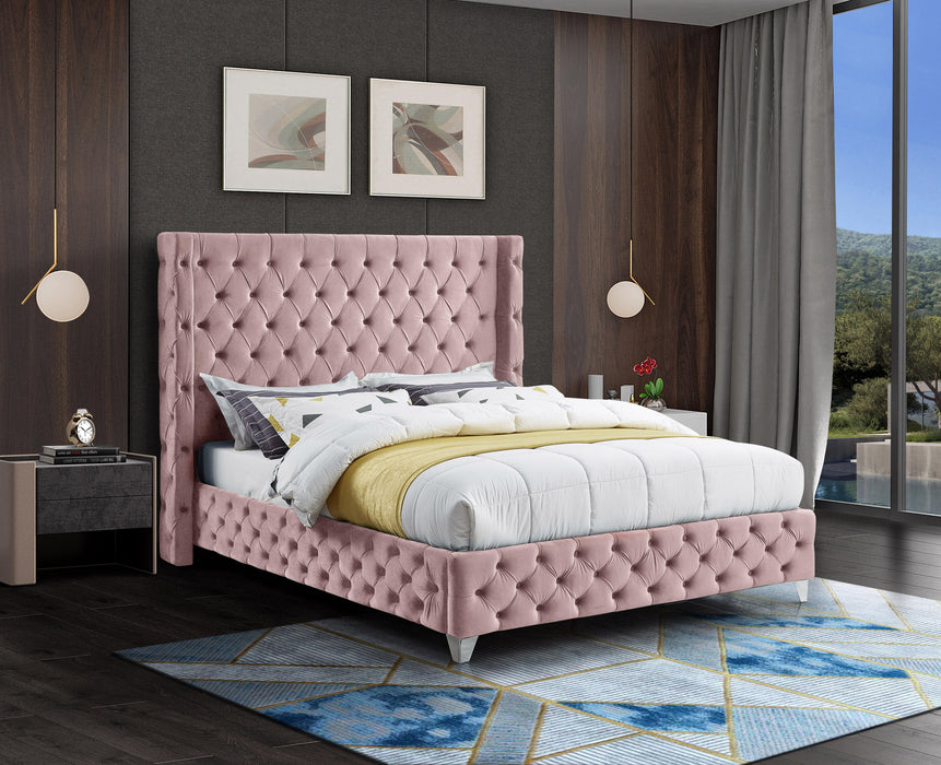 Savan Pink Velvet Queen Bed - Bargain Furniture (Detroit, MI)