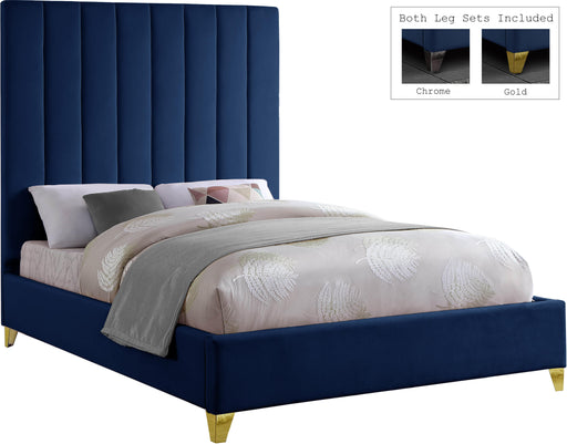 Via Navy Velvet Queen Bed - Bargain Furniture (Detroit, MI)