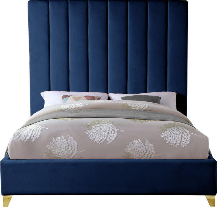Via Navy Velvet Queen Bed - Bargain Furniture (Detroit, MI)
