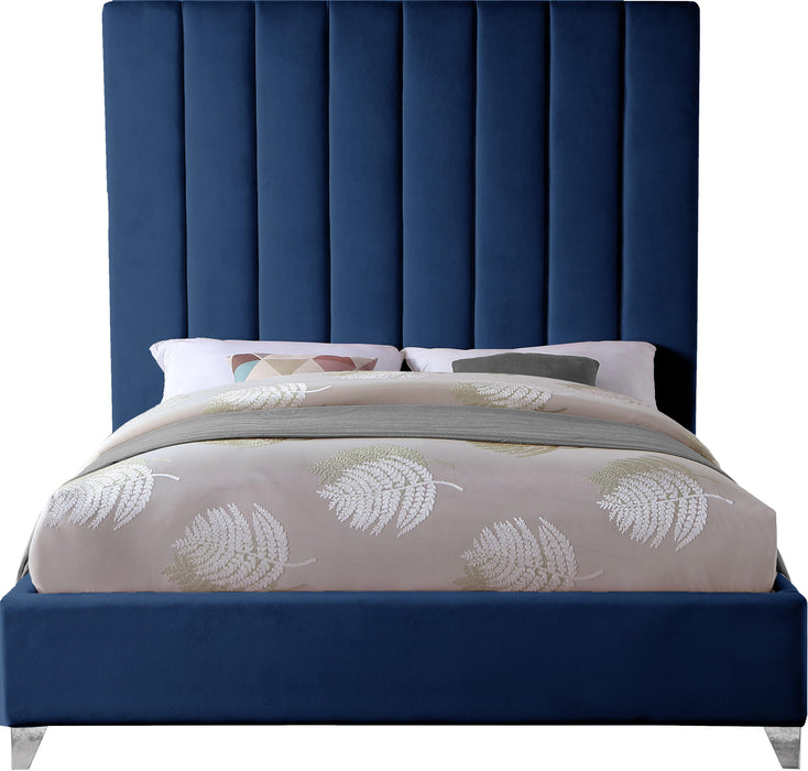 Via Navy Velvet King Bed - Bargain Furniture (Detroit, MI)