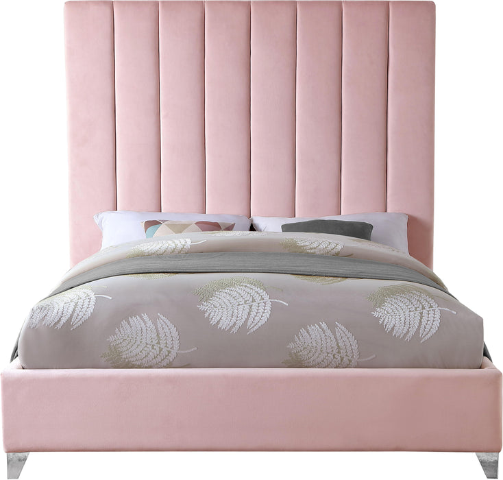 Via Pink Velvet Queen Bed - Bargain Furniture (Detroit, MI)