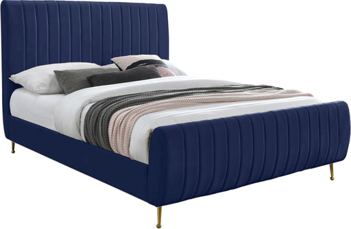 Zara Navy Velvet Queen Bed (3 Boxes) - Bargain Furniture (Detroit, MI)