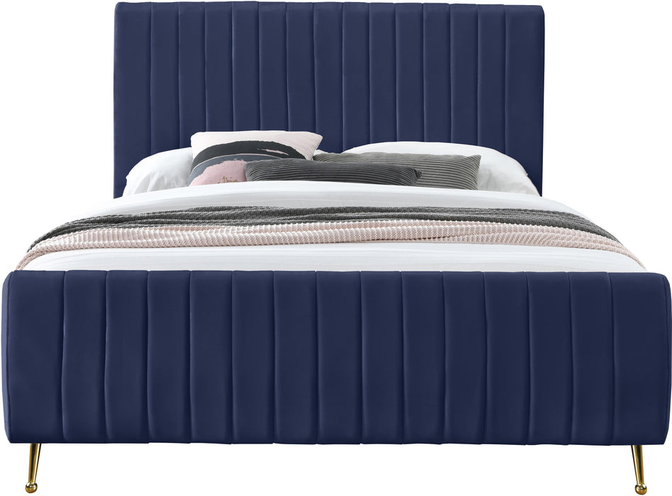 Zara Navy Velvet King Bed (3 Boxes) - Bargain Furniture (Detroit, MI)