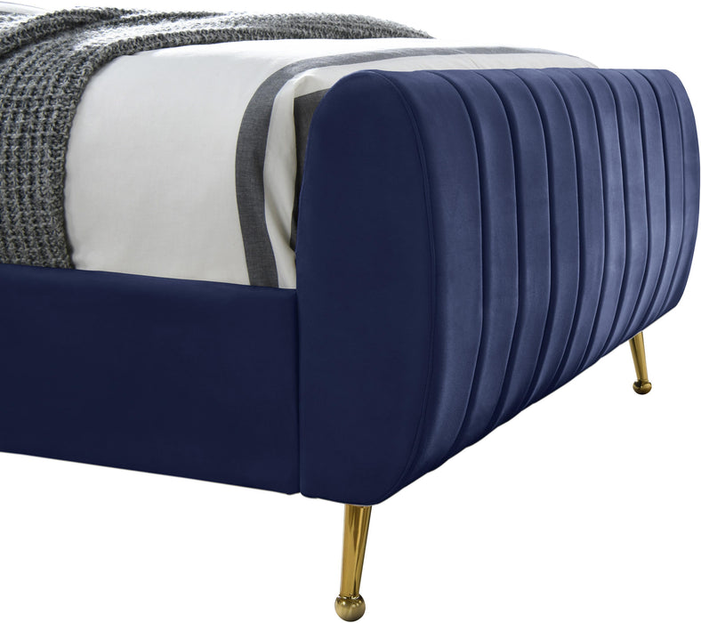 Zara Navy Velvet King Bed (3 Boxes) - Bargain Furniture (Detroit, MI)