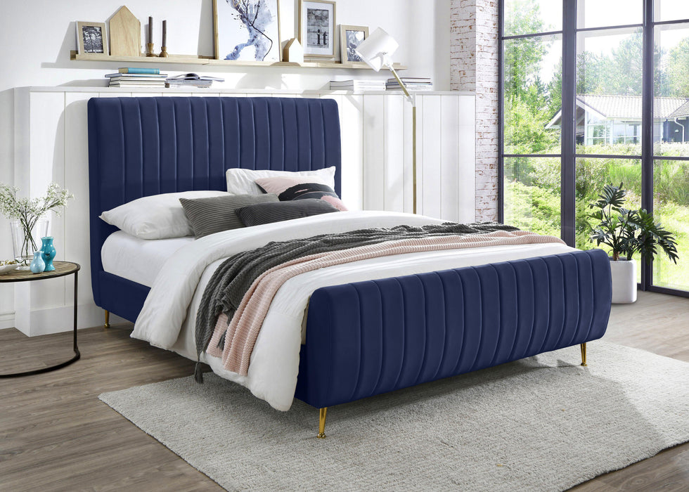Zara Navy Velvet King Bed (3 Boxes) - Bargain Furniture (Detroit, MI)