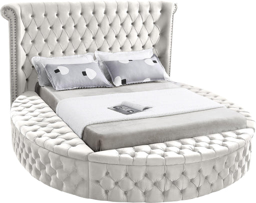 Luxus Cream Velvet Queen Bed (3 Boxes) - Bargain Furniture (Detroit, MI)