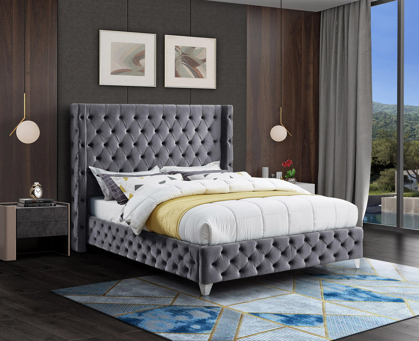 Savan Grey Velvet King Bed - Bargain Furniture (Detroit, MI)