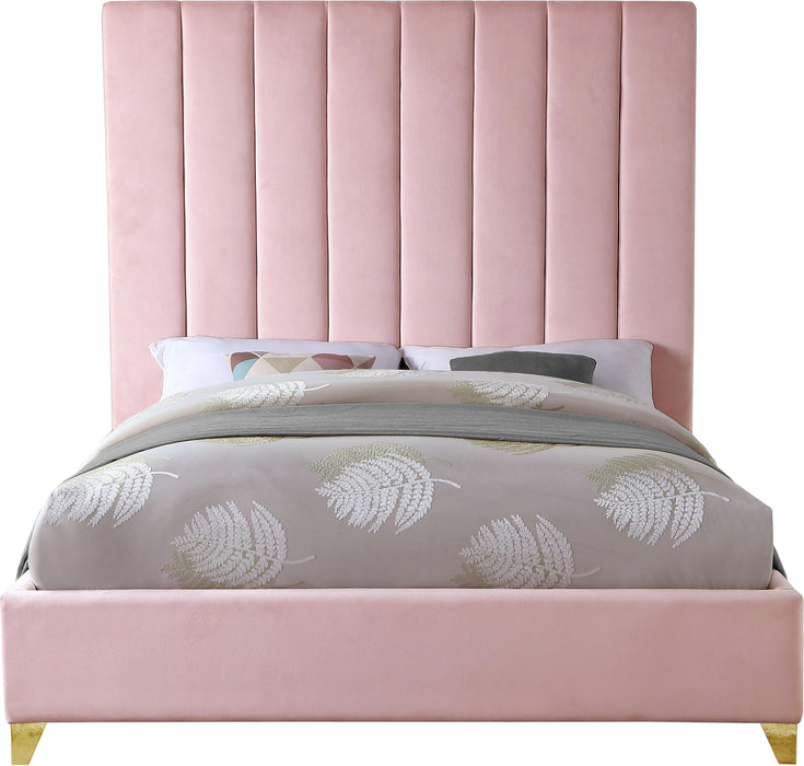 Via Pink Velvet King Bed - Bargain Furniture (Detroit, MI)