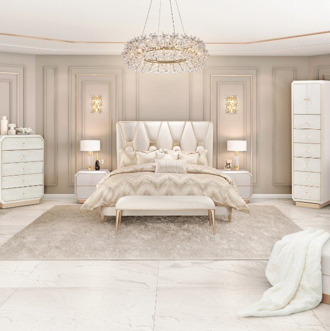 AICO La Rachelle Queen Upholstered Panel Bed in Medium Champagne - Bargain Furniture (Detroit, MI)