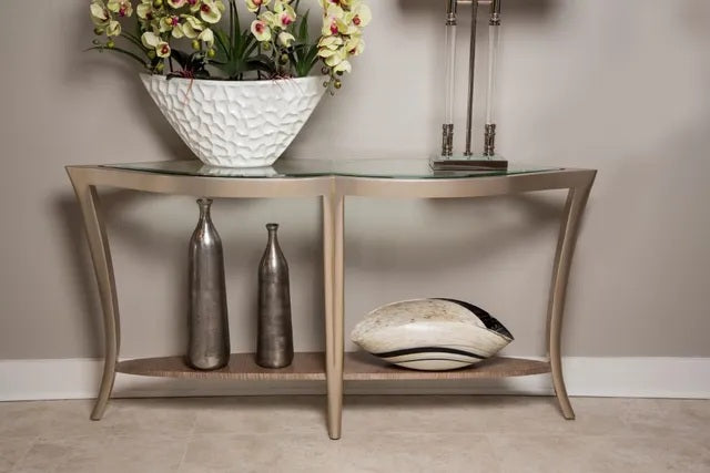 AICO Malibu Crest Console Table w/Glass in Chardonnay - Bargain Furniture (Detroit, MI)