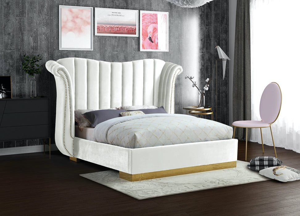 Flora White Velvet Queen Bed (3 Boxes)