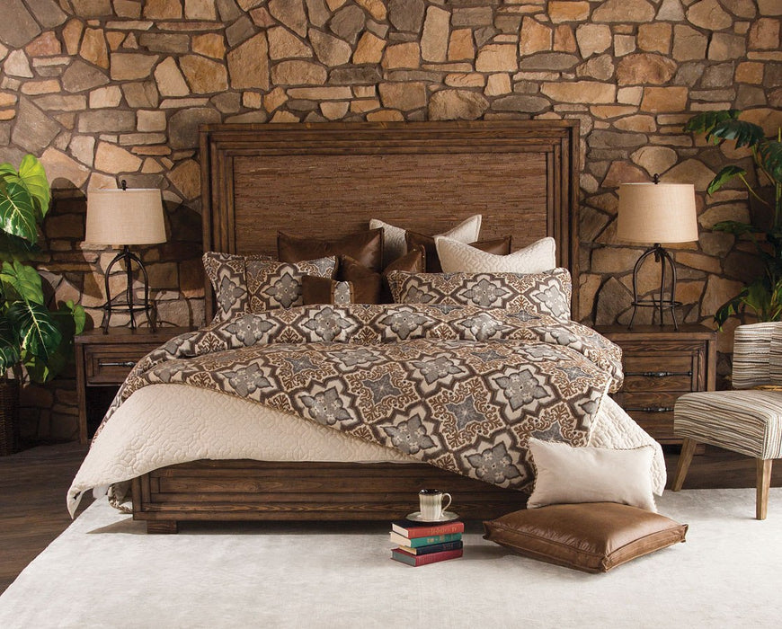 Aico Carrollton Queen Panel Bed with Fabric Insert in Rustic Ranch - Bargain Furniture (Detroit, MI)