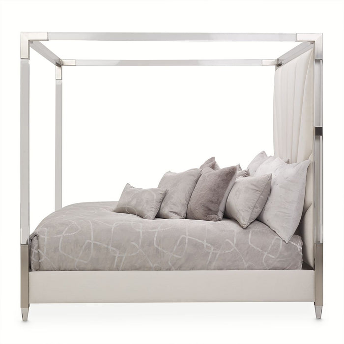 AICO Penthouse/Lanterna King Canopy Channel Tufted Upholstered Bed in Silver Mist - Bargain Furniture (Detroit, MI)