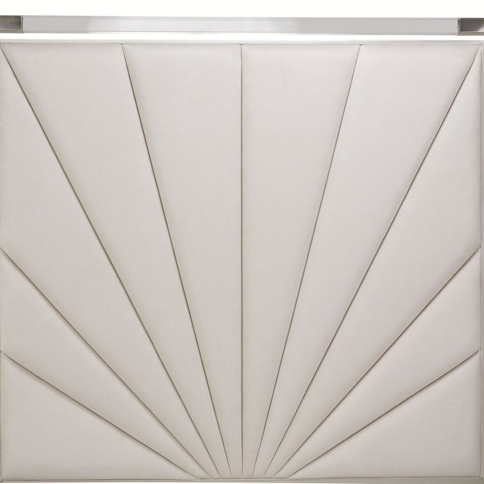 AICO Penthouse/Lanterna King Canopy Channel Tufted Upholstered Bed in Silver Mist - Bargain Furniture (Detroit, MI)