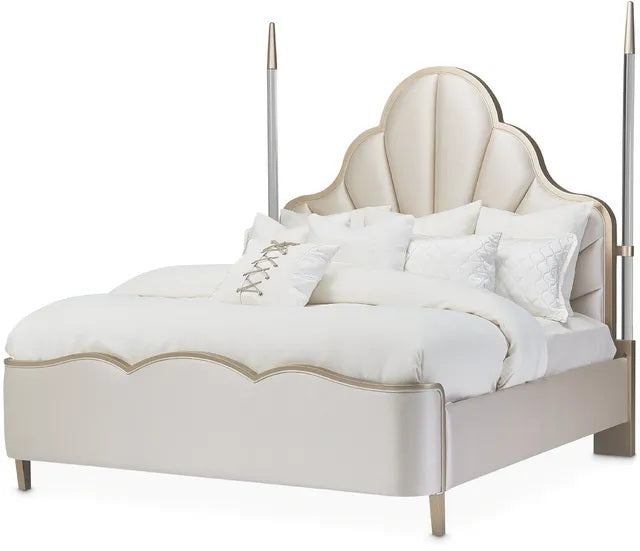 AICO Malibu Crest Queen Scalloped Poster Bed in Chardonnay - Bargain Furniture (Detroit, MI)