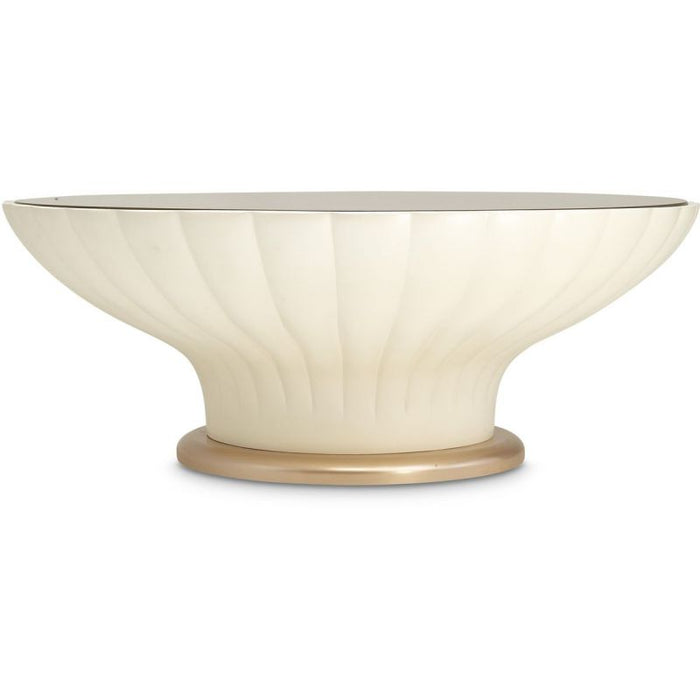 AICO La Rachelle Round Scalloped Cocktail Table with Glass in Medium Champagne - Bargain Furniture (Detroit, MI)