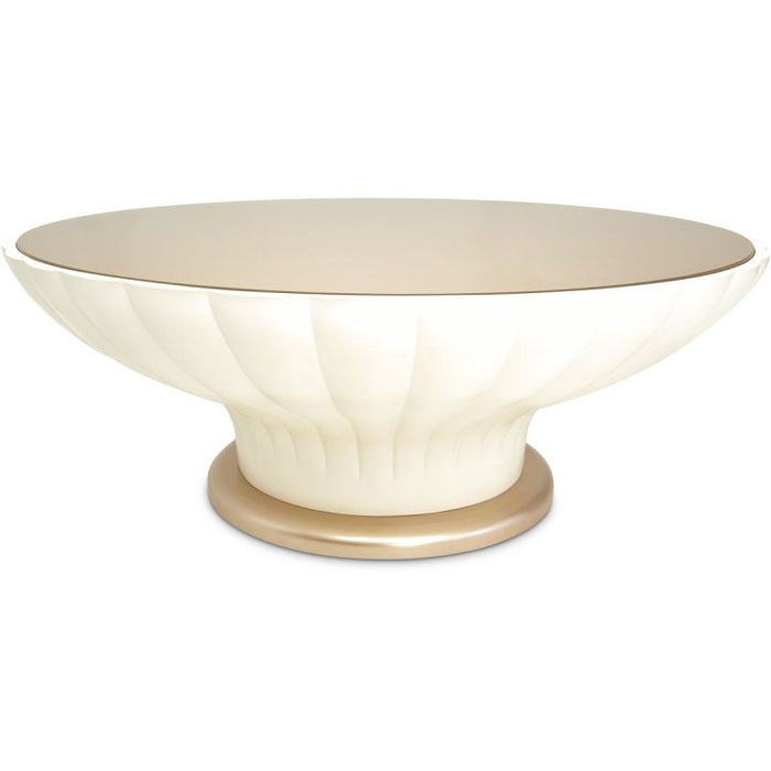 AICO La Rachelle Round Scalloped Cocktail Table with Glass in Medium Champagne - Bargain Furniture (Detroit, MI)